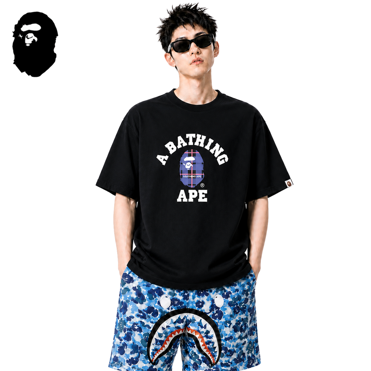 BAPE Check College Ape Head Men's T-Shirt - Black