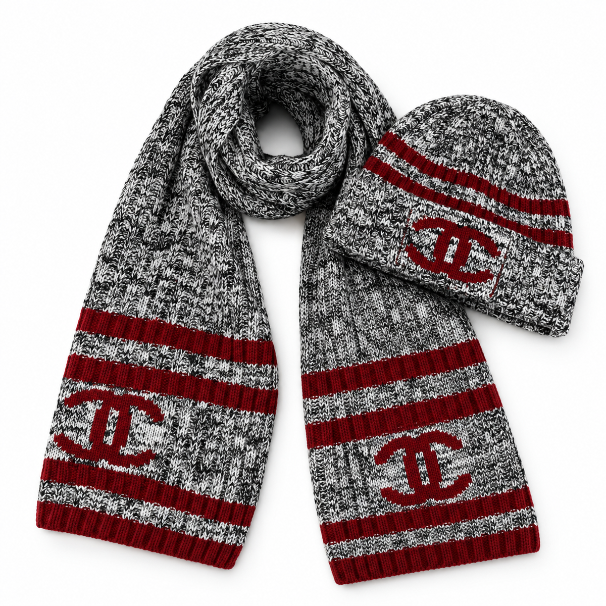 Chanel Style Marled Knit Scarf and Beanie Set