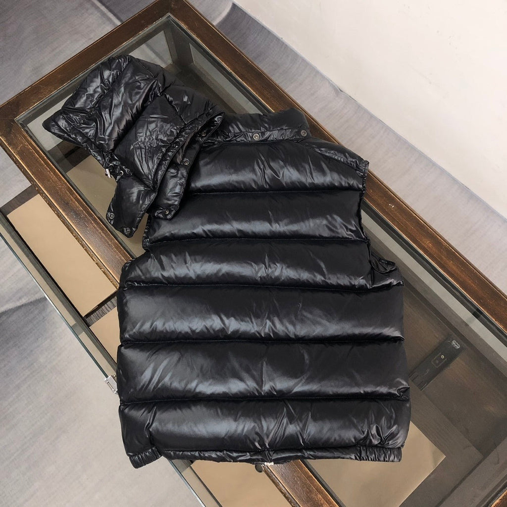 Moncler Hooded Puffer Vest in Black with Glossy Finish