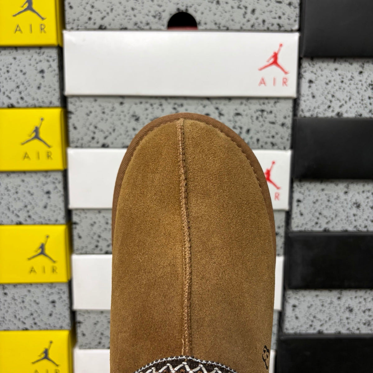 UGG Tasman Slip-On Slipper – Suede Moccasin with Shearling Lining, Brown & White Woven Collar & Sand Lug Sole in Chestnut