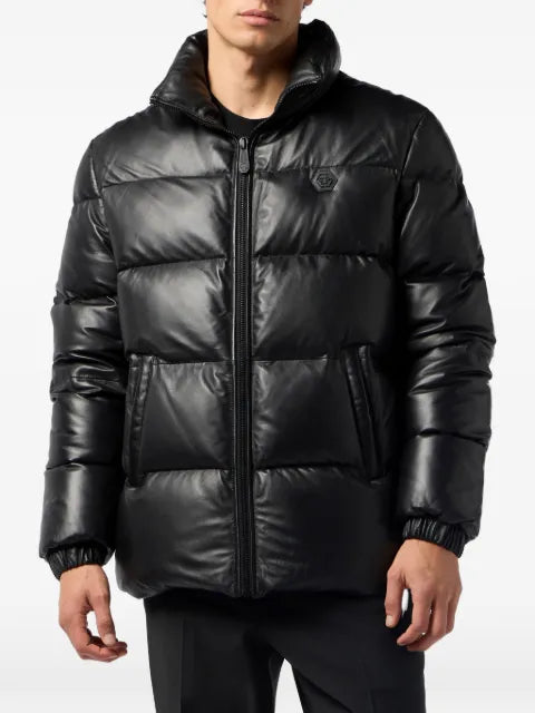 Philipp Plein logo-patch leather puffer jacket