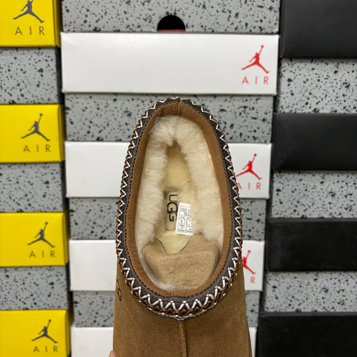 UGG Tasman Slip-On Slipper – Suede Moccasin with Shearling Lining, Brown & White Woven Collar & Sand Lug Sole in Chestnut