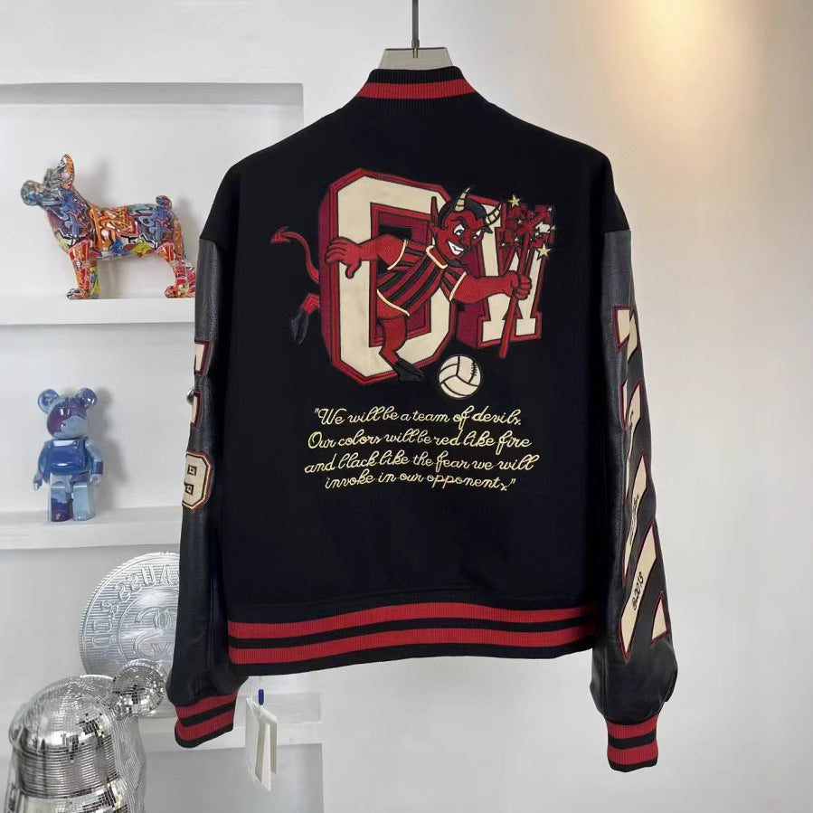 Off-White Cartoon Devil Graphic Varsity Jacket Unisex
