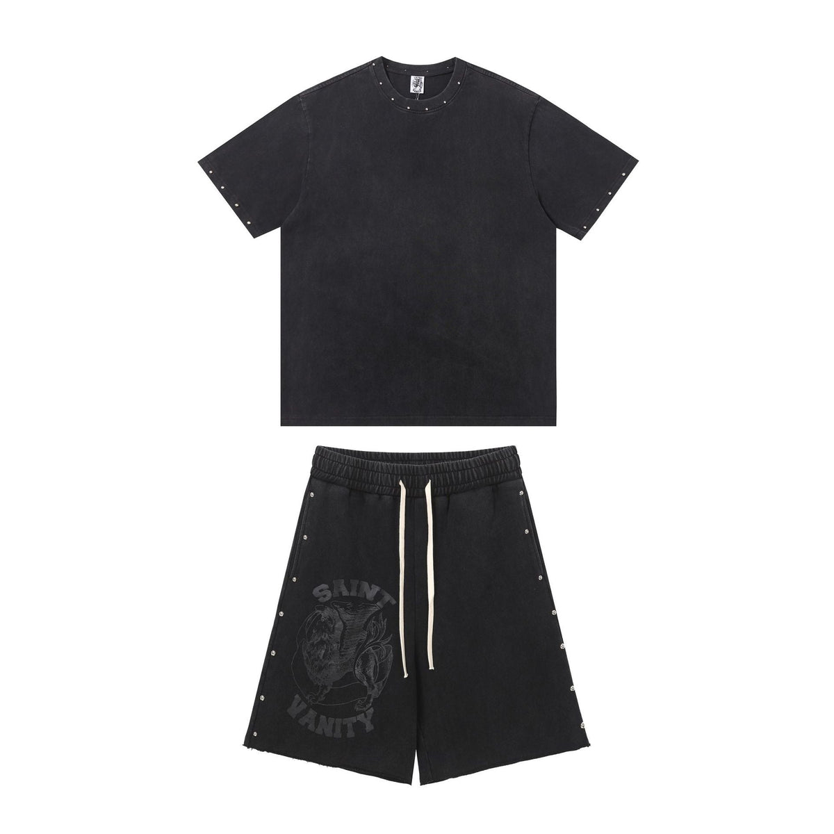 Saint Vanity Washed Rivet Oversized Tee & Shorts Set Streetwear