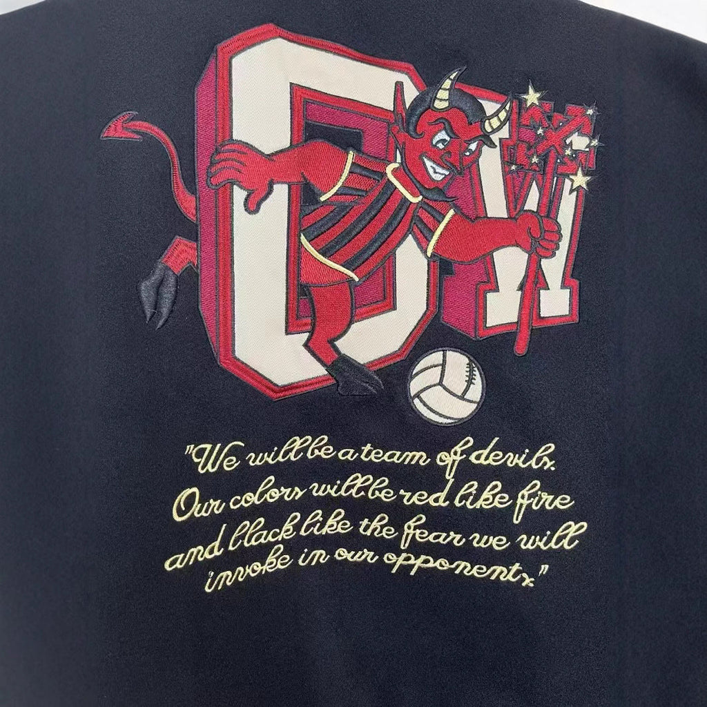 Off-White Cartoon Devil Graphic Varsity Jacket Unisex