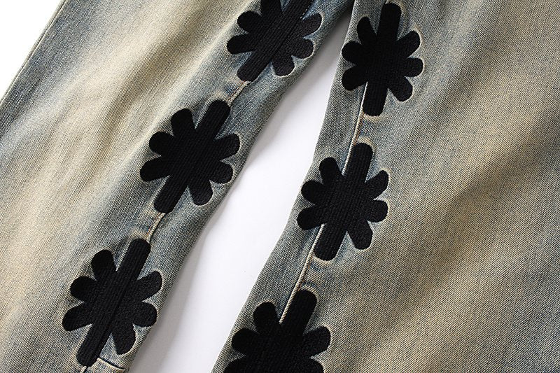 LOSTSHDWS Floral Applique Light Blue Flare Jeans