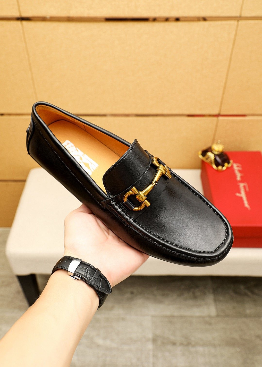 Ferragamo Black Gold-Tone Driving Loafers