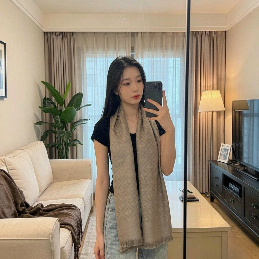 Fendi Taupe Patterned Fringed Scarf