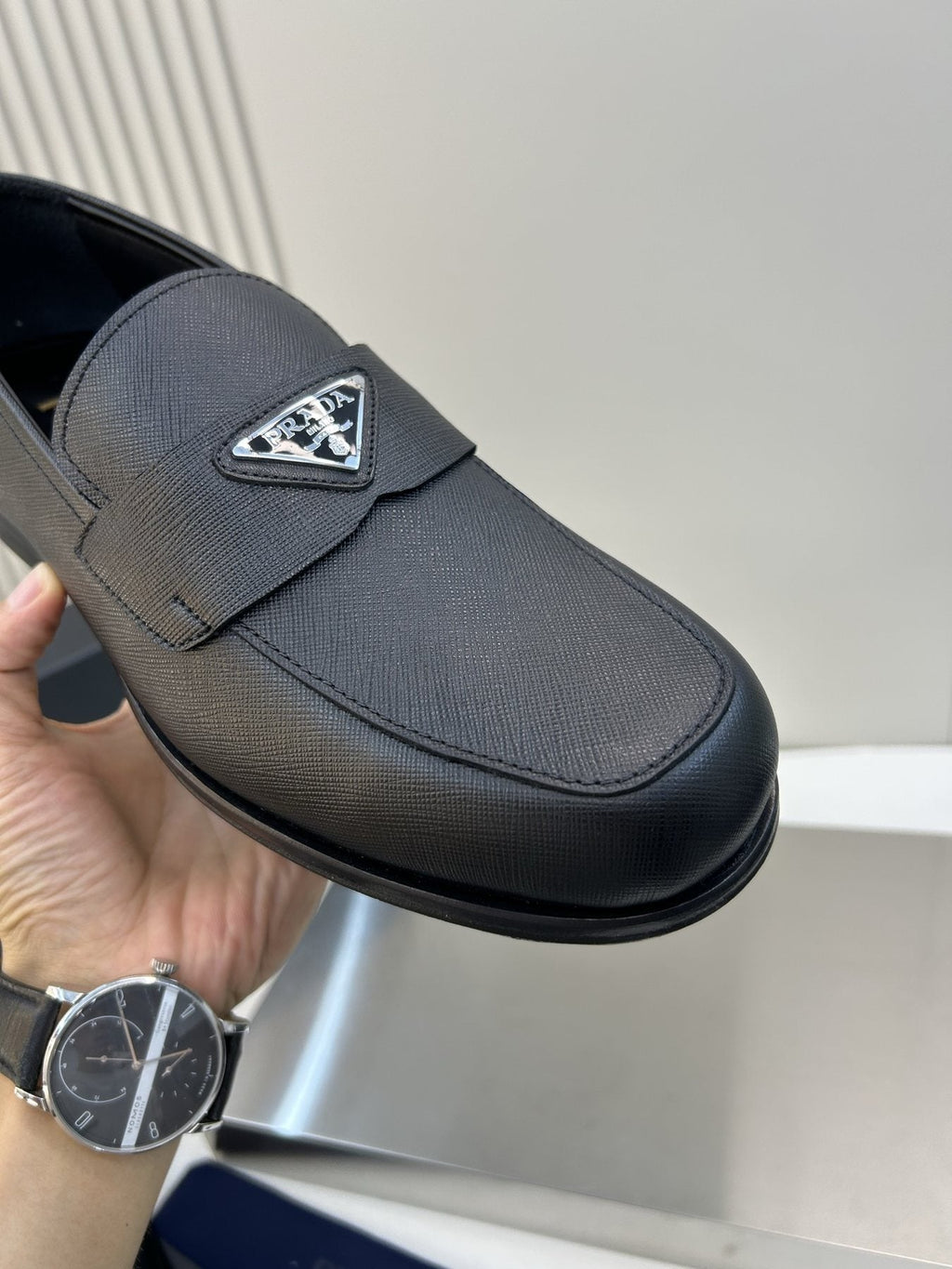 Prada Black Triangular Plaque Loafers