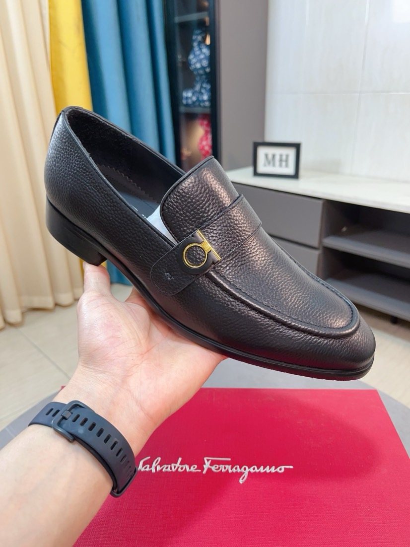 Salvatore Ferragamo Dark Brown Pebble-Textured Loafers