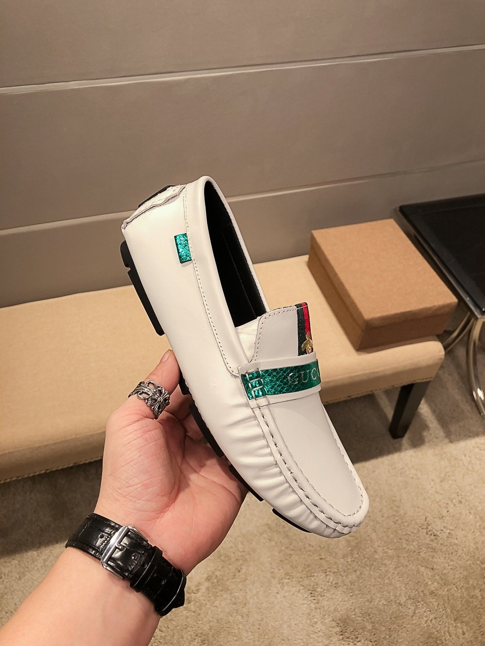 Gucci White Web-Stripe Loafers