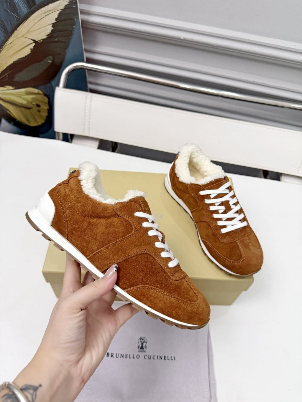 Brunello Cucinelli Brown Shearling-Trim Sneakers