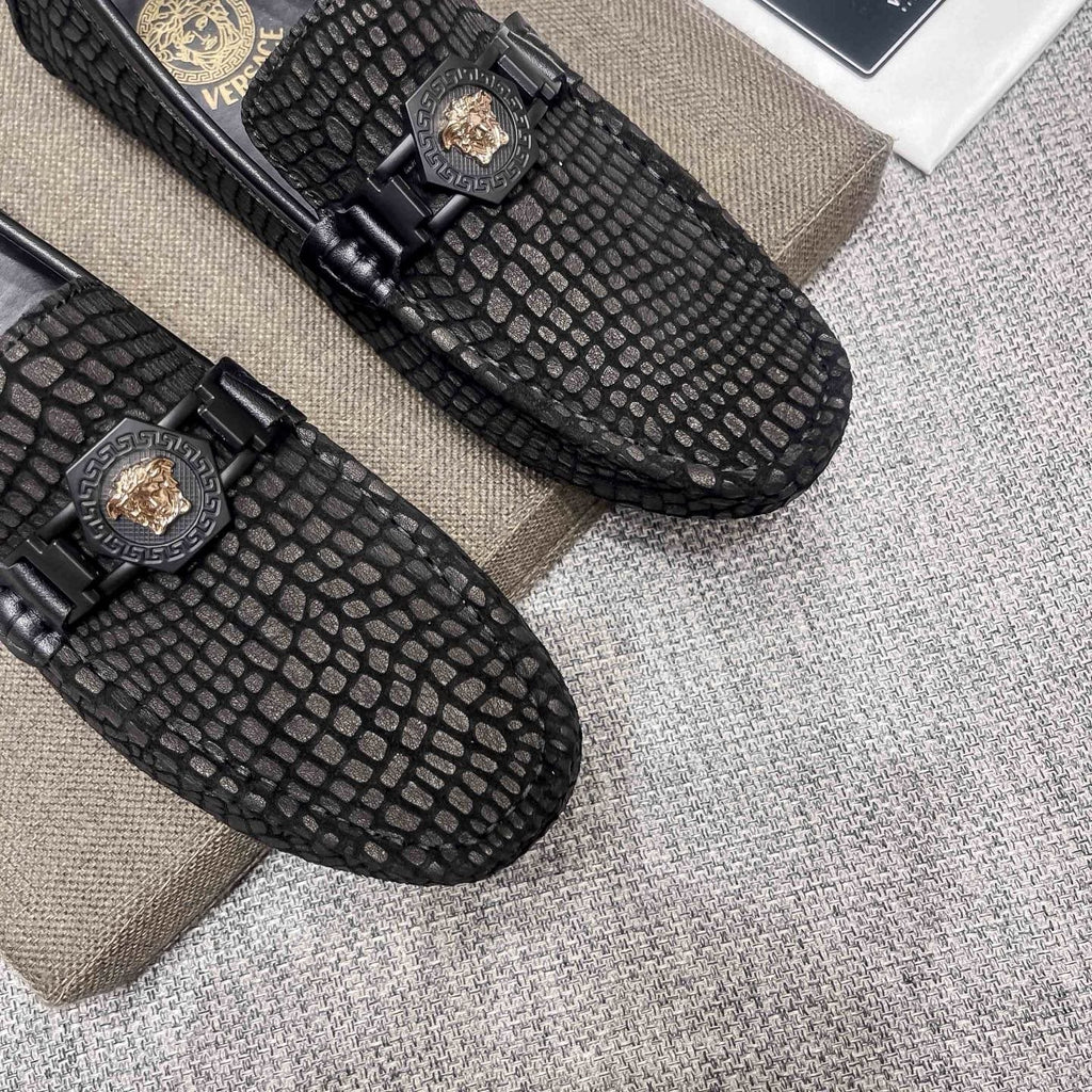 Versace Black Textured Driving Loafers