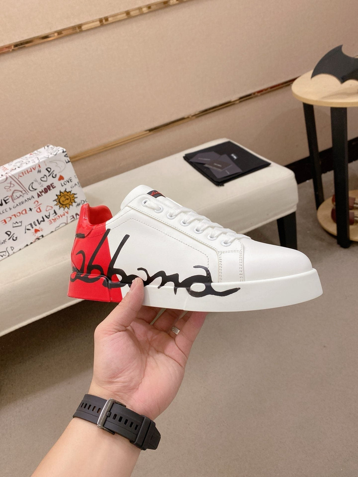 Dolce & Gabbana Men's Graphic Heel Low-Top Sneakers - White, Red & Black