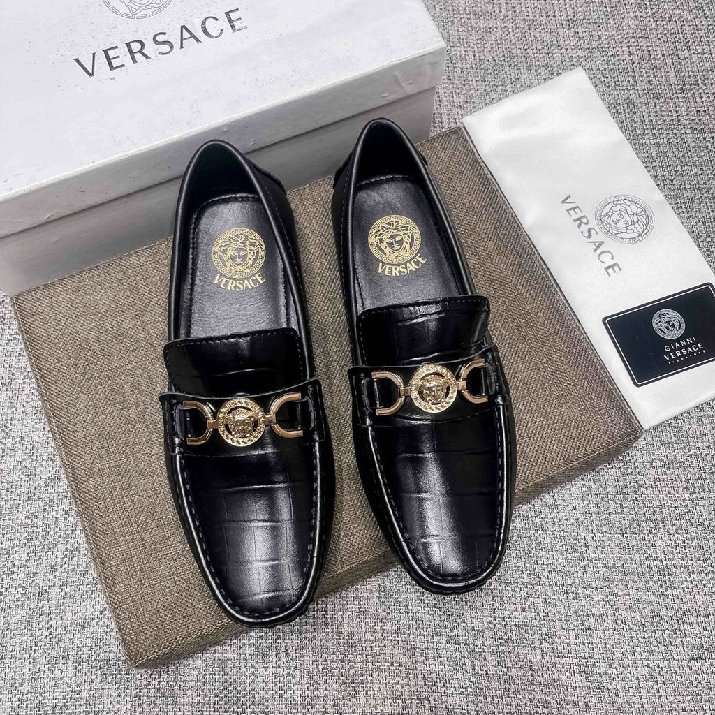 Versace Men's Black Gold-Tone Hardware Loafers - Stitched Toe Detail