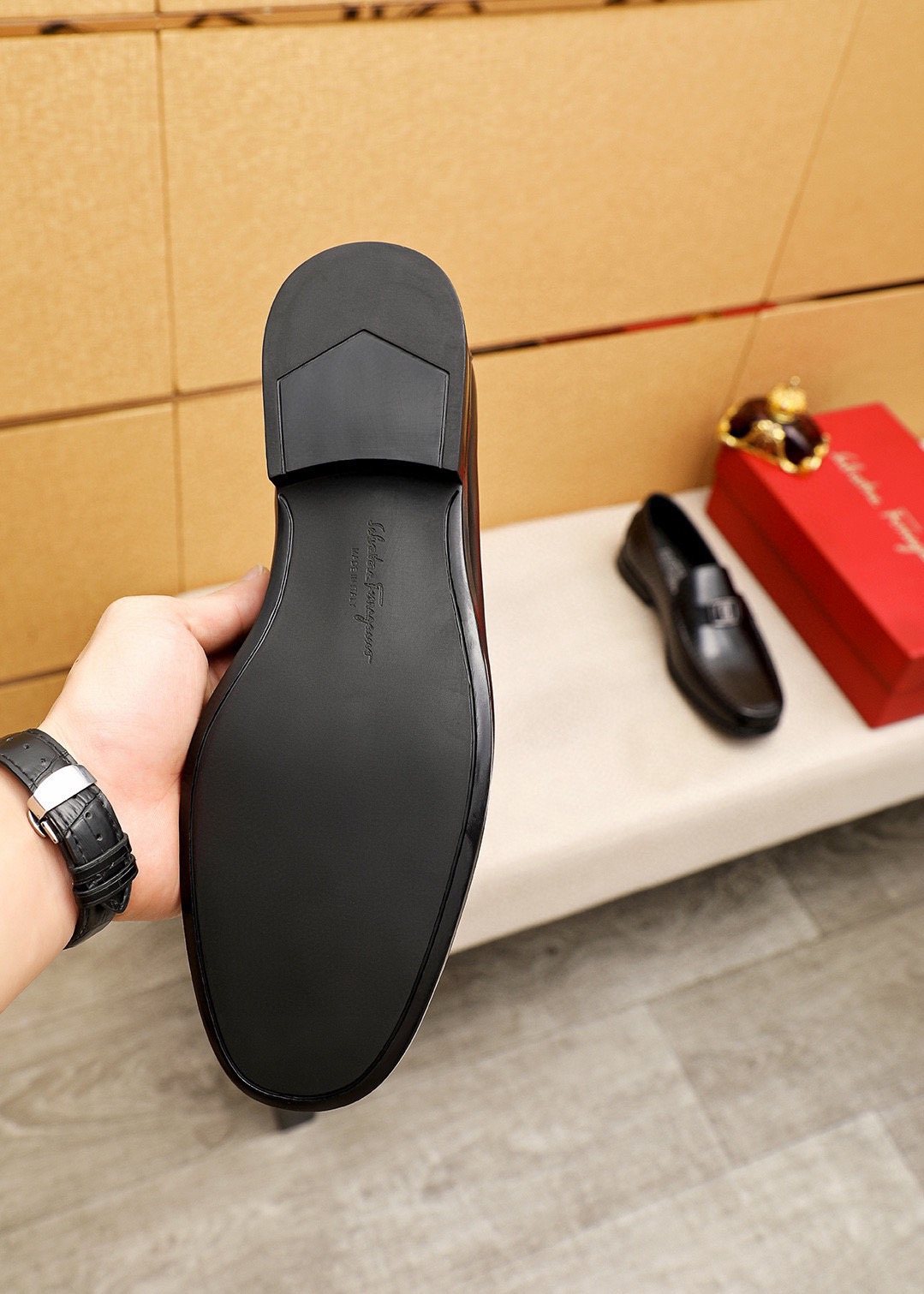Ferragamo Men's Black Buckle Loafers - Metal Buckle Detail