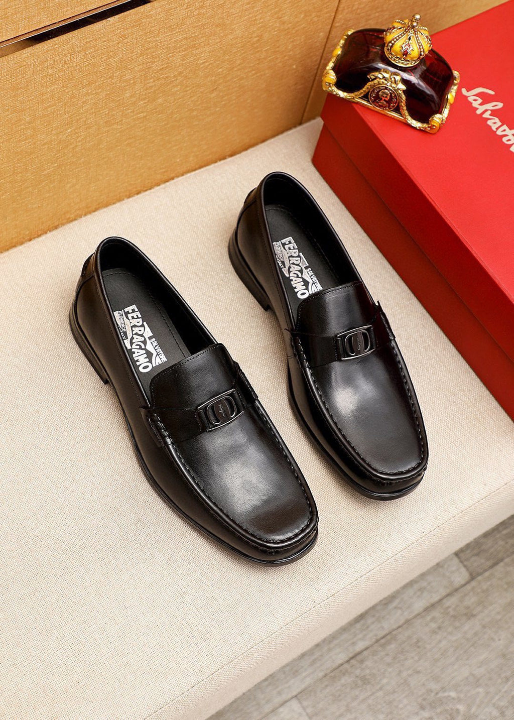 Ferragamo Men's Black Buckle Loafers - Metal Buckle Detail