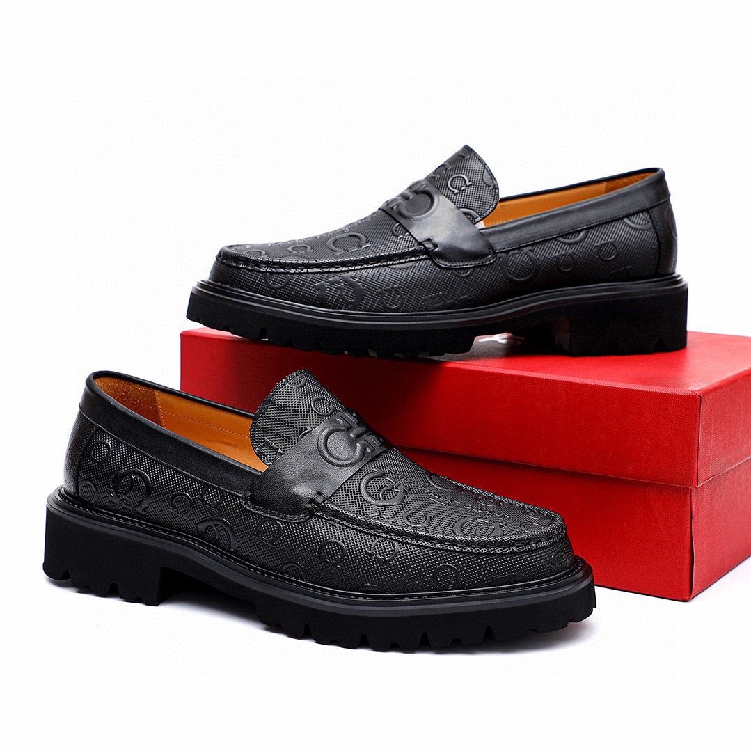 Salvatore Ferragamo Men's Black Embossed Lug Sole Loafers