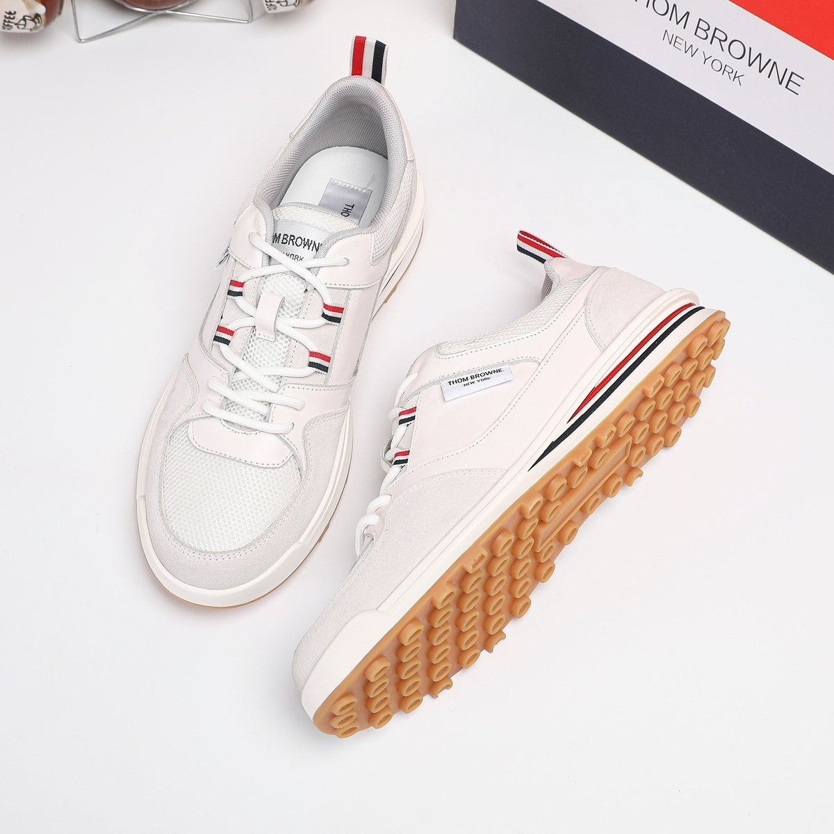 Thom Browne White Navy Panel Low-Top Sneakers