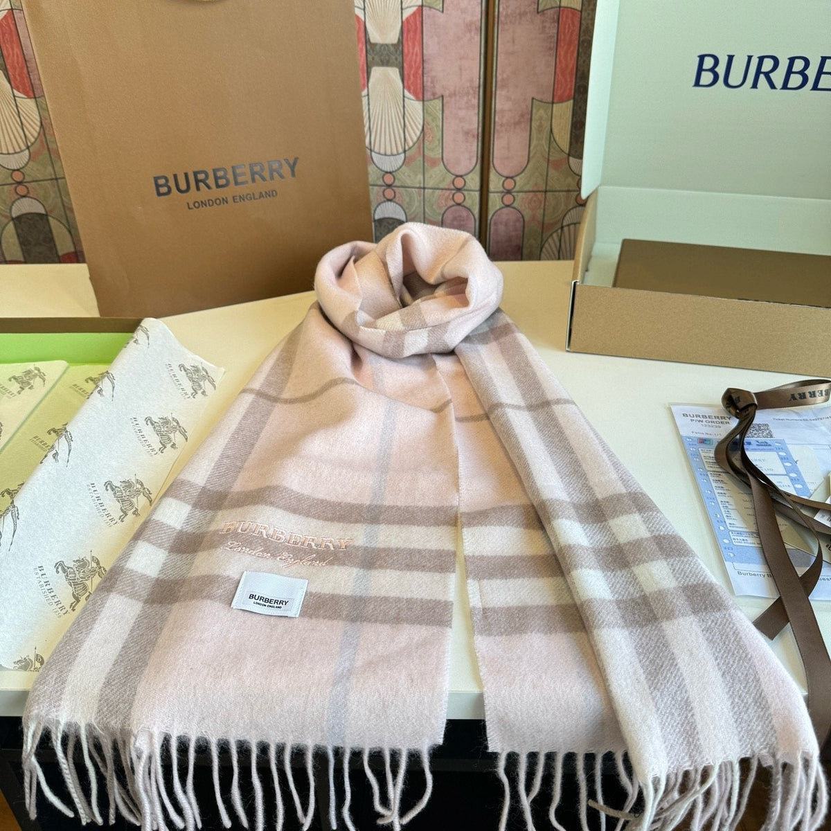 Burberry Blush Pink Plaid Fringed Scarf