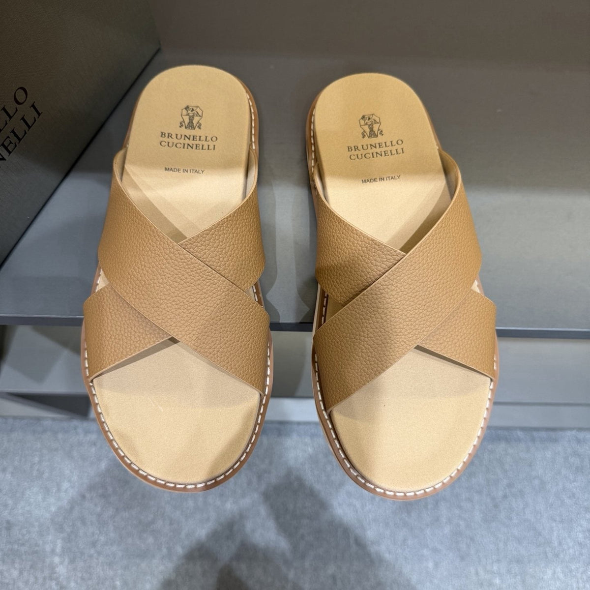 Brunello Cucinelli Men's Cross-Strap Slide Sandals - Cross-Over Strap Design