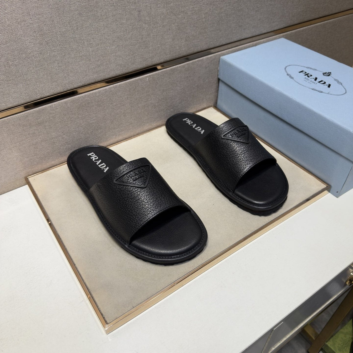 Prada Men's Triangle Detail Slide Sandals